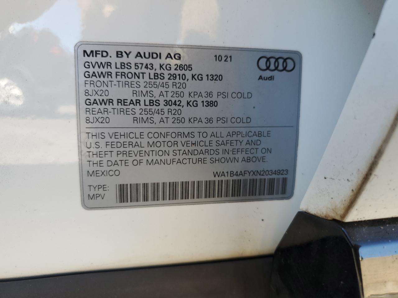 2022 Audi Sq5 Premium Plus VIN: WA1B4AFYXN2034923 Lot: 81635105