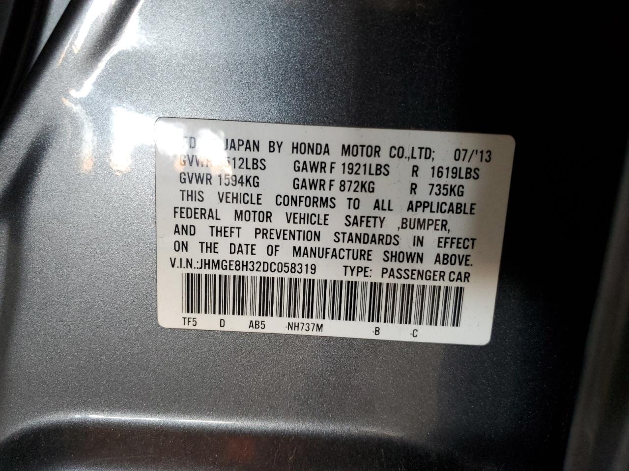 2013 Honda Fit VIN: JHMGE8H32DC058319 Lot: 87094895