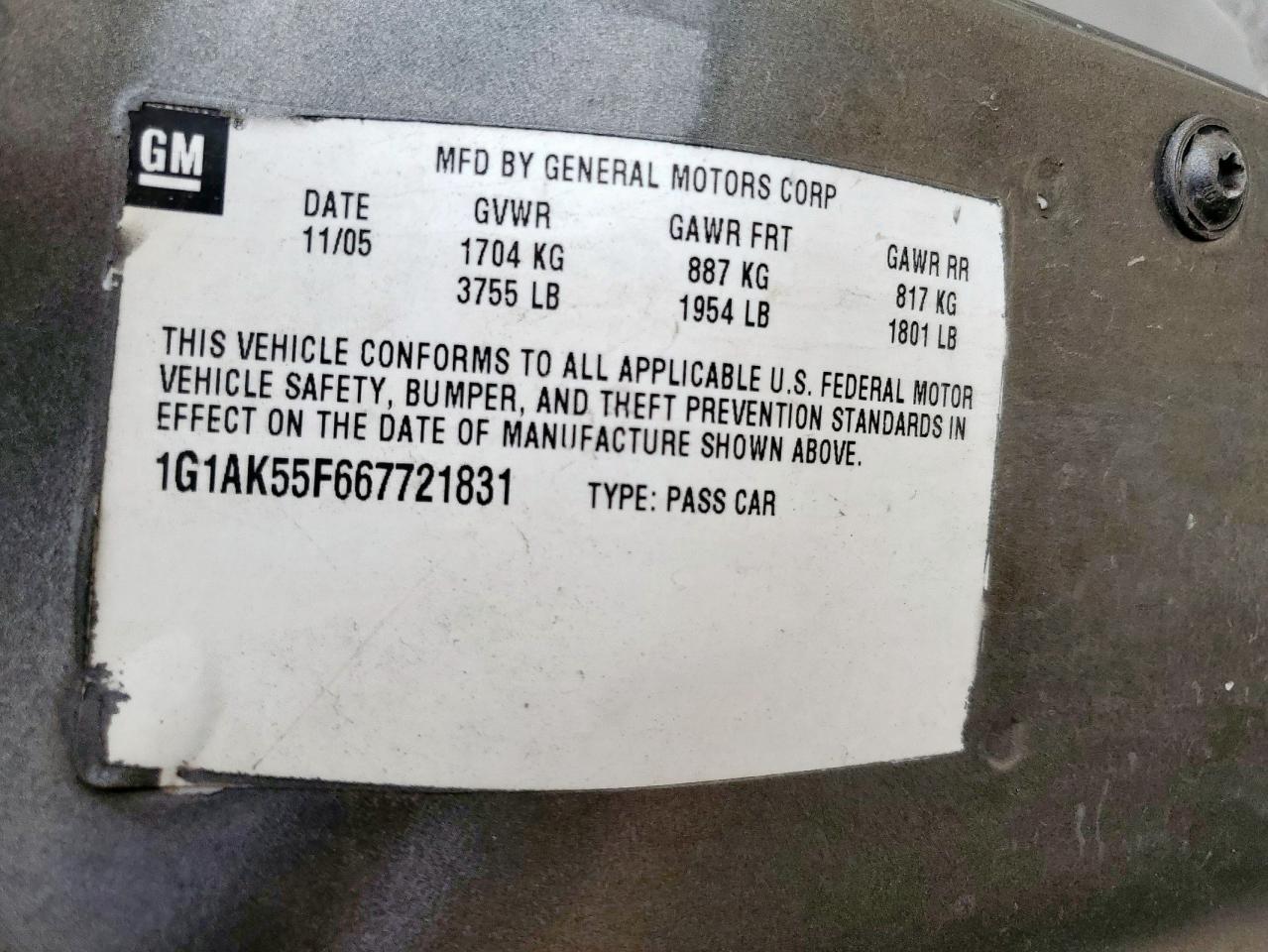 2006 Chevrolet Cobalt Ls VIN: 1G1AK55F667721831 Lot: 82343815