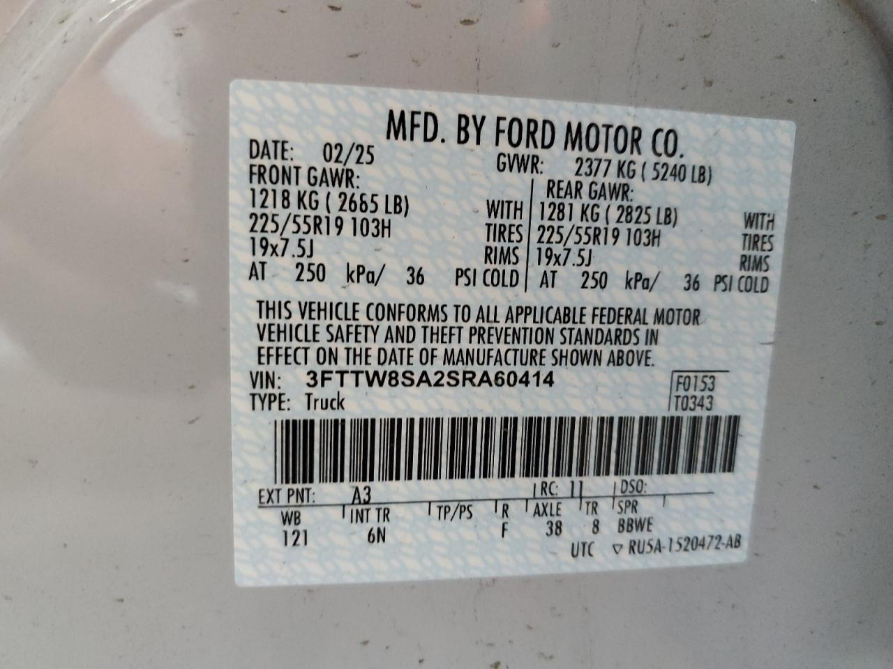 2025 Ford Maverick Lariat VIN: 3FTTW8SA2SRA60414 Lot: 82752005