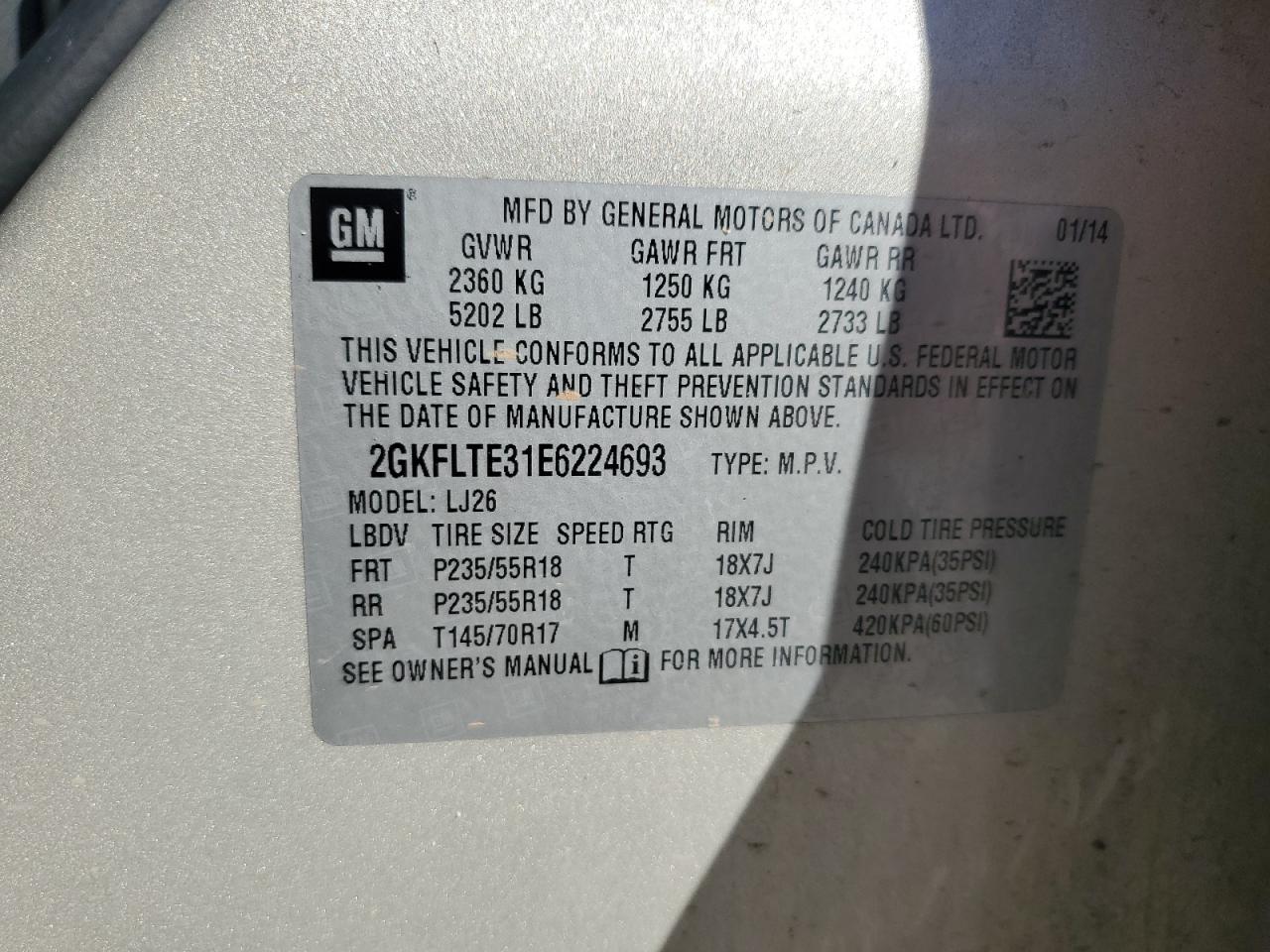 2014 GMC Terrain Slt VIN: 2GKFLTE31E6224693 Lot: 89623585