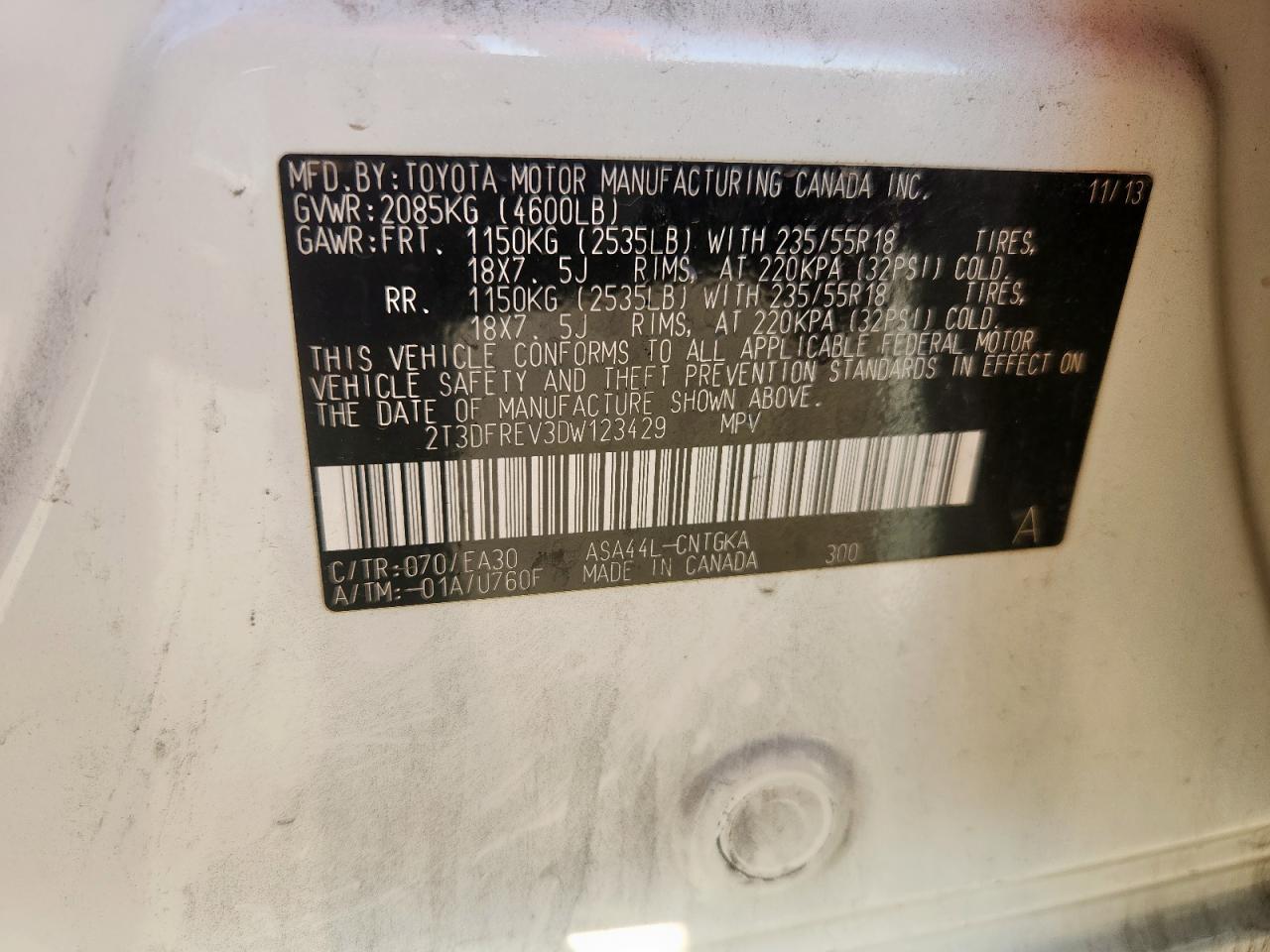 2013 Toyota Rav4 Limited VIN: 2T3DFREV3DW123429 Lot: 84648835