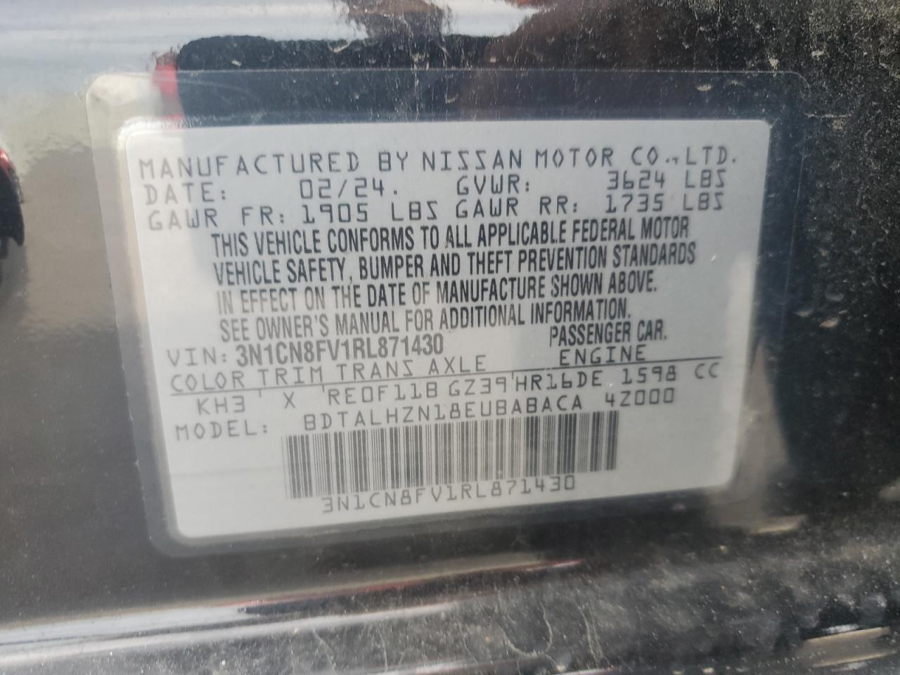 2024 Nissan Versa Sr VIN: 3N1CN8FV1RL871430 Lot: 85828435