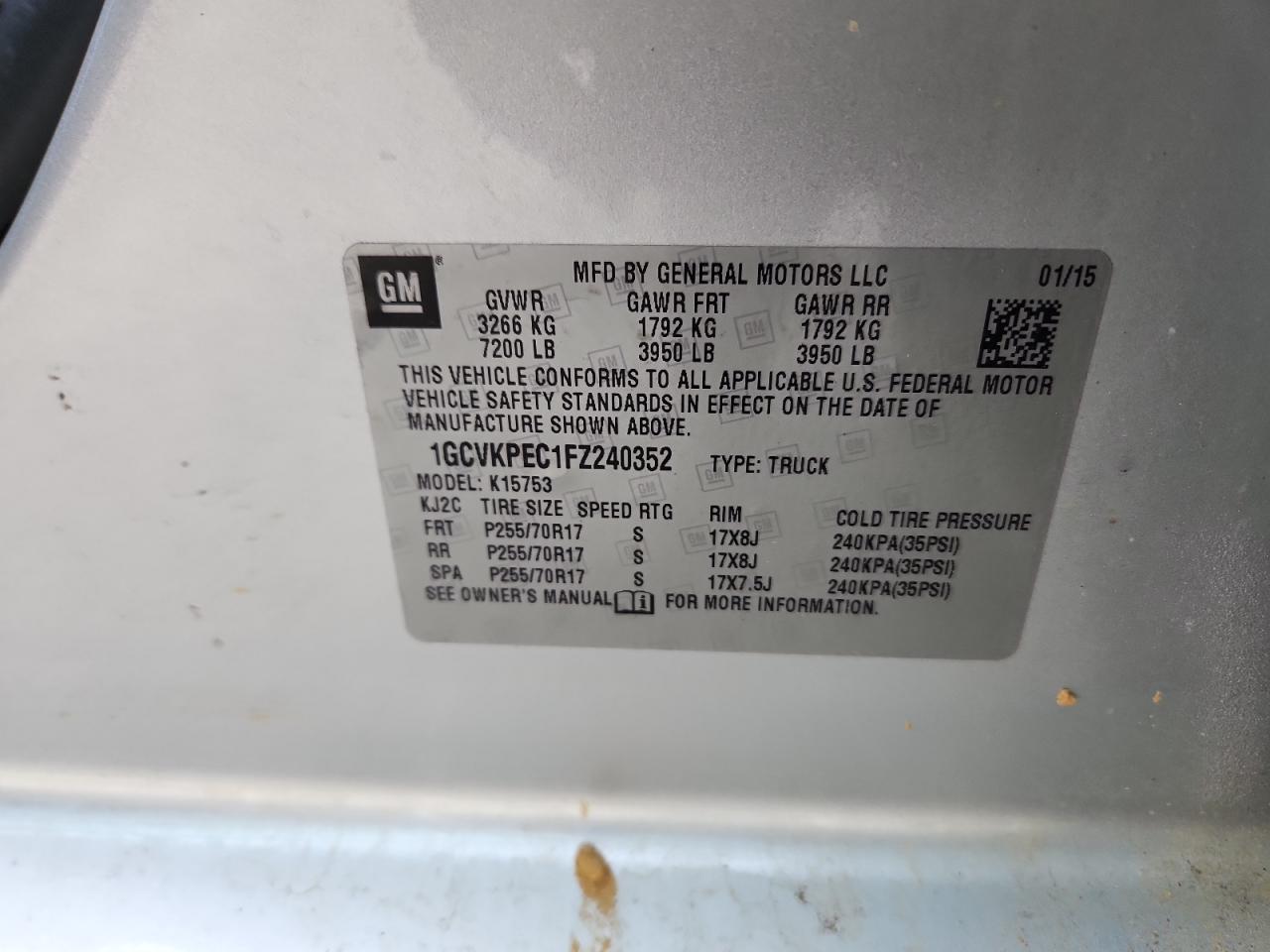 2015 Chevrolet Silverado K1500 VIN: 1GCVKPEC1FZ240352 Lot: 86253025
