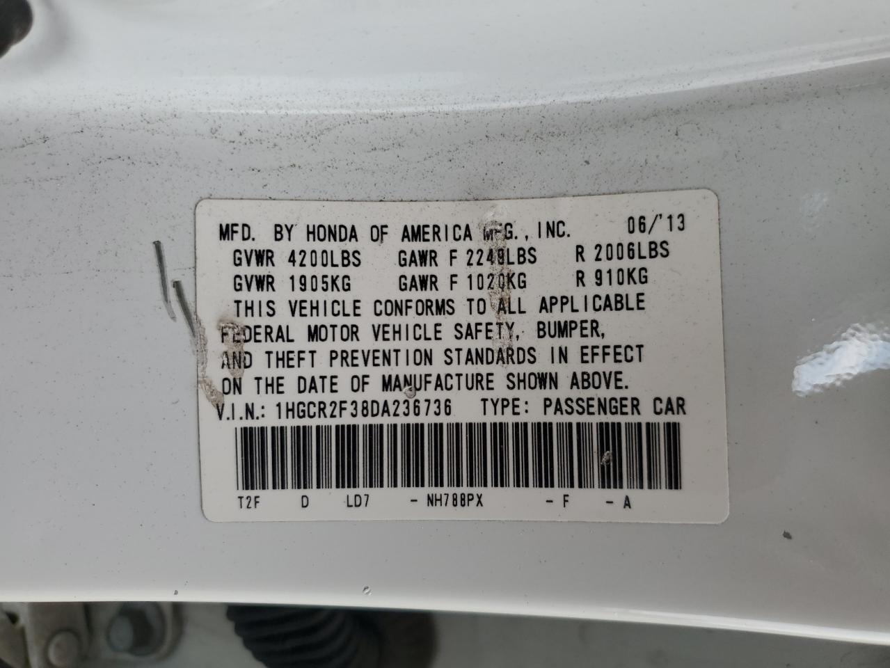 2013 Honda Accord Lx VIN: 1HGCR2F38DA236736 Lot: 90051405