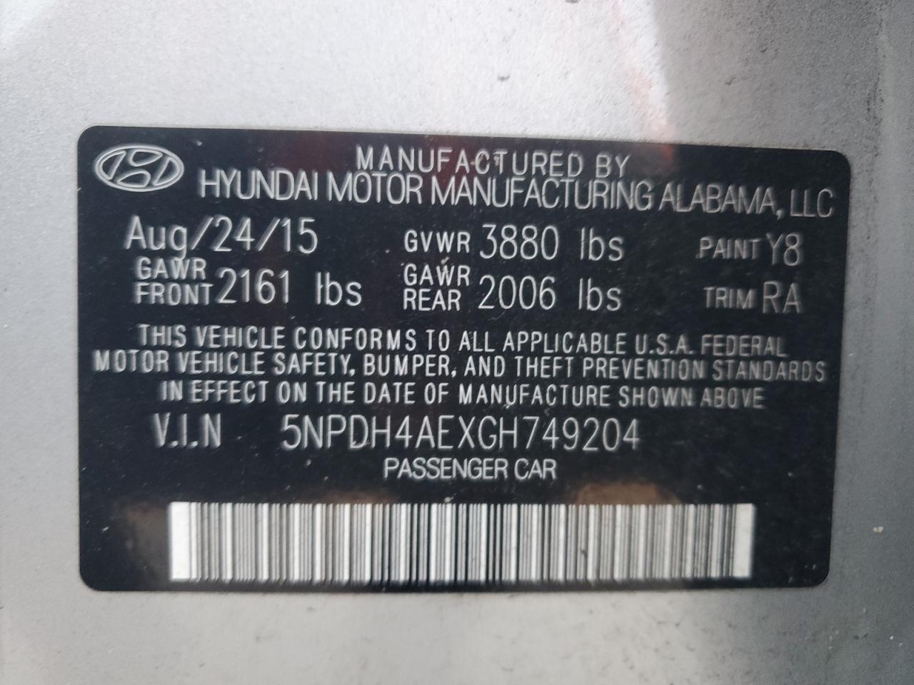 2016 Hyundai Elantra Se VIN: 5NPDH4AEXGH749204 Lot: 84244215