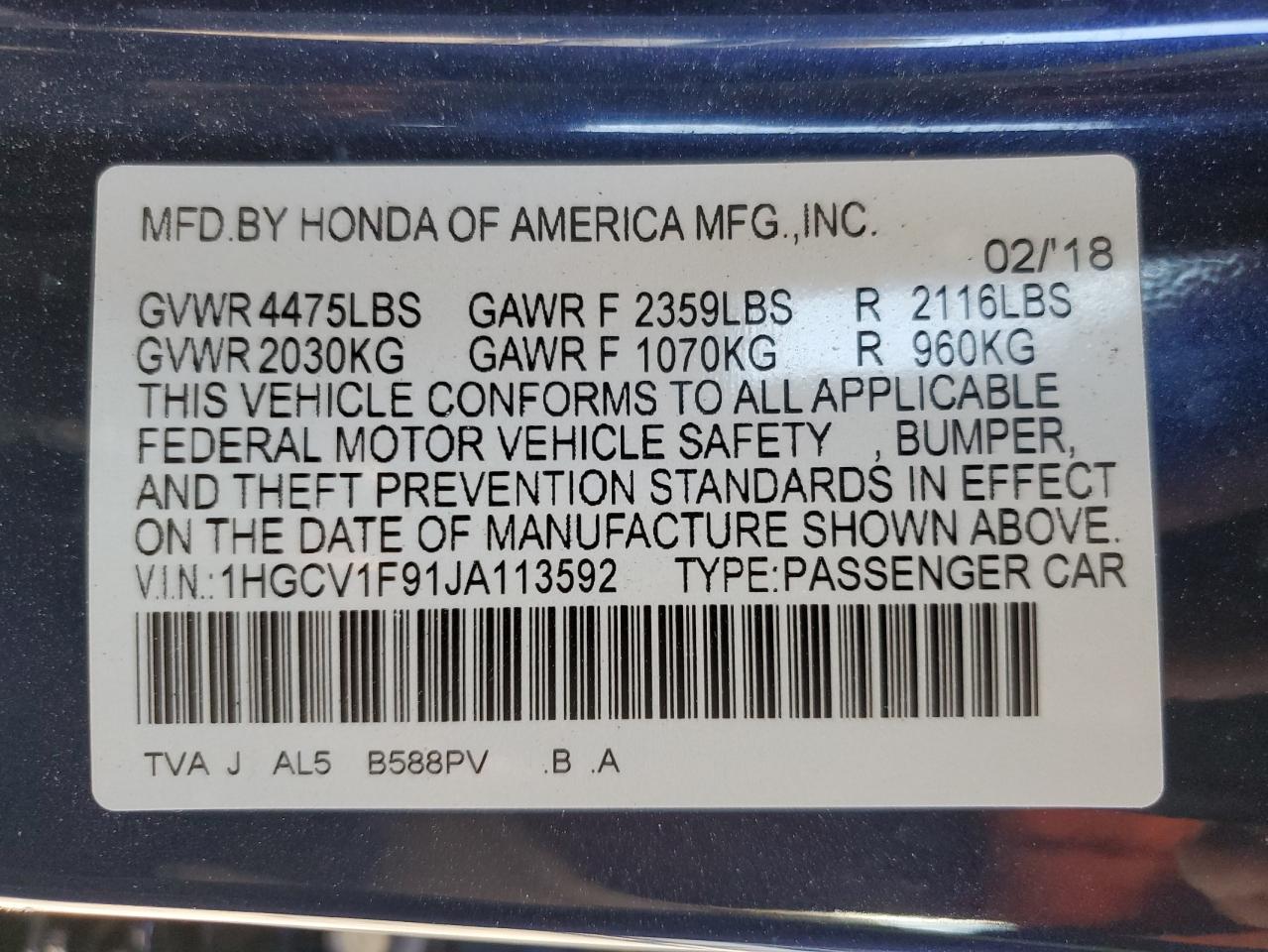 2018 Honda Accord Touring VIN: 1HGCV1F91JA113592 Lot: 86268865