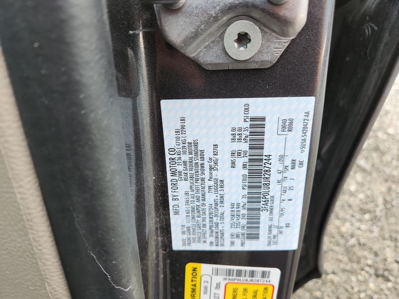 2018 Ford Fusion Se Hybrid VIN: 3FA6P0LU8JR287244 Lot: 85890285