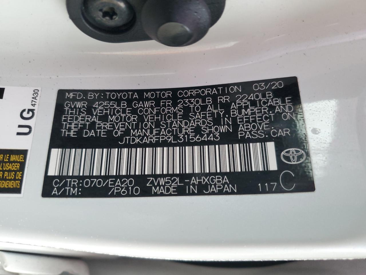 2020 Toyota Prius Prime Le VIN: JTDKARFP9L3156443 Lot: 90733105