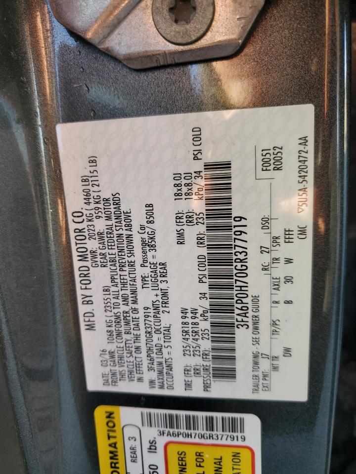 2016 Ford Fusion Se VIN: 3FA6P0H70GR377919 Lot: 82195645