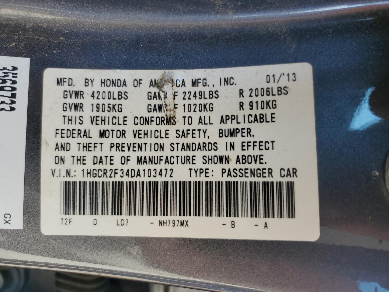 2013 Honda Accord Lx VIN: 1HGCR2F34DA103472 Lot: 89576885