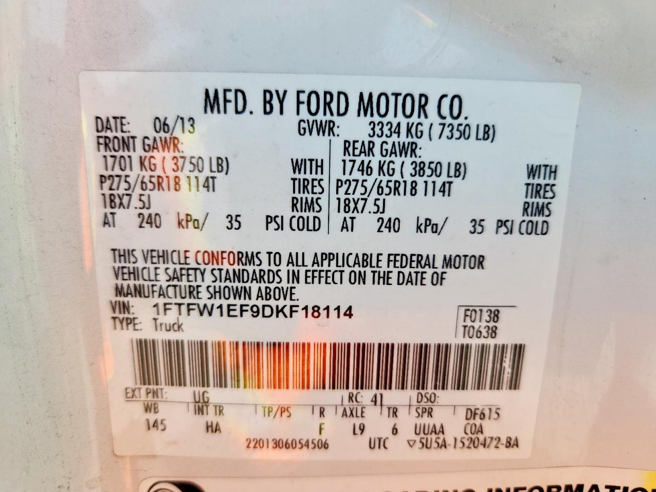 2013 Ford F150 Supercrew VIN: 1FTFW1EF9DKF18114 Lot: 84876575