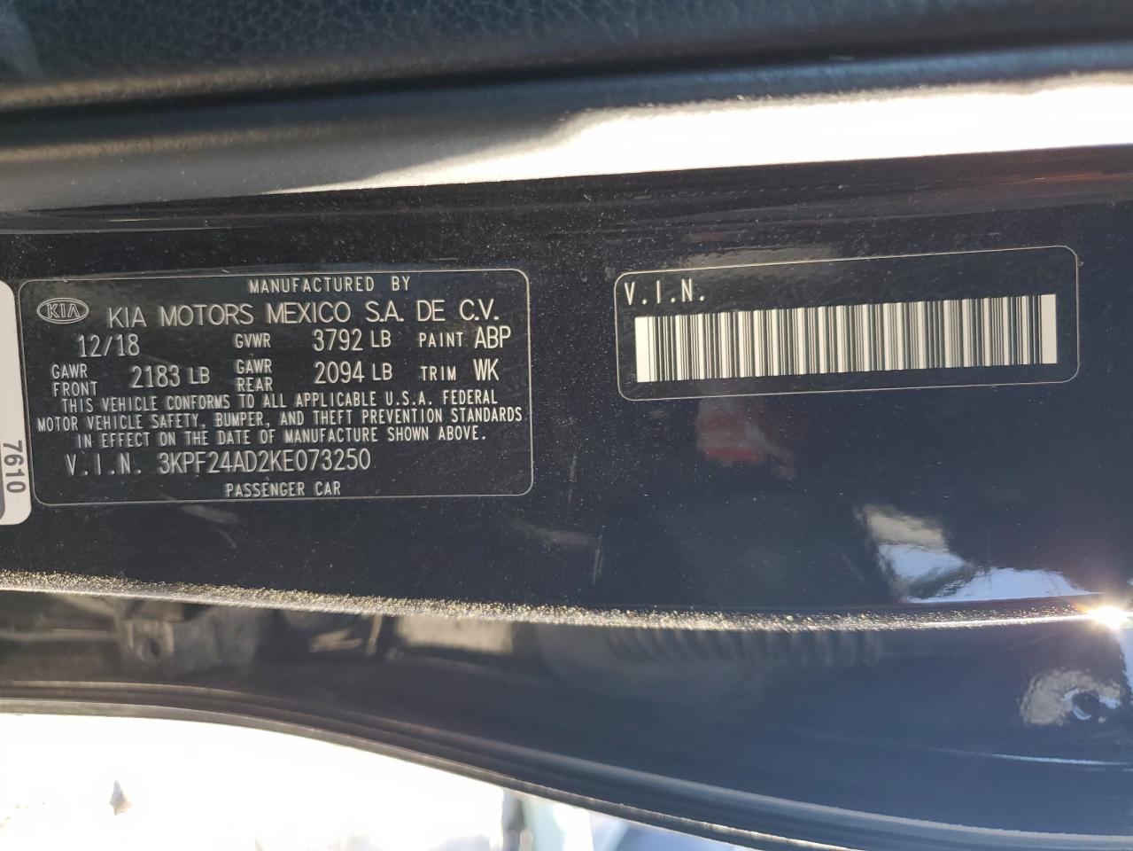 2019 Kia Forte Fe VIN: 3KPF24AD2KE073250 Lot: 85586945