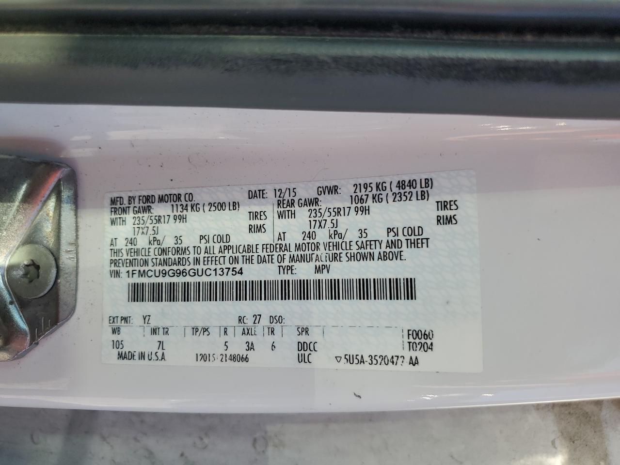 2016 Ford Escape Se VIN: 1FMCU9G96GUC13754 Lot: 86666395