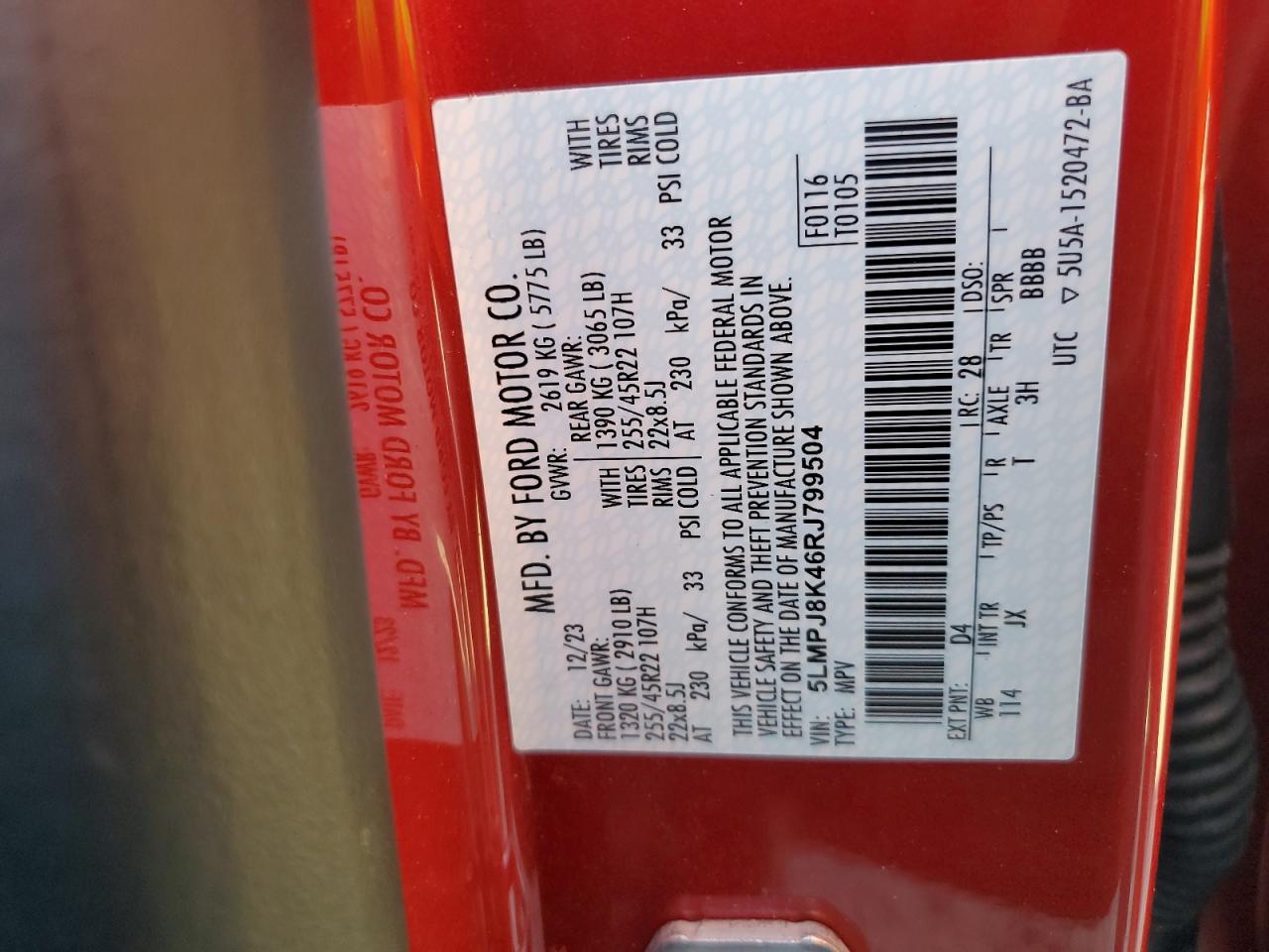 2024 Lincoln Nautilus Reserve VIN: 5LMPJ8K46RJ799504 Lot: 86662275