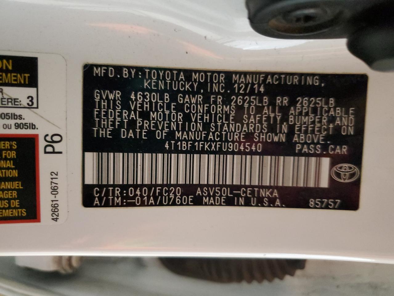 2015 Toyota Camry Le VIN: 4T1BF1FKXFU904540 Lot: 86334445