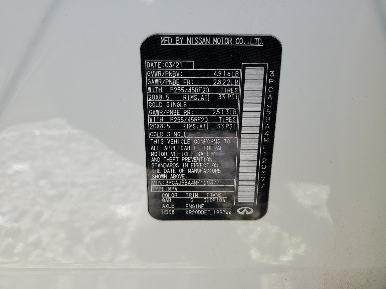 2021 Infiniti Qx50 Luxe VIN: 3PCAJ5BA4MF120377 Lot: 85152225