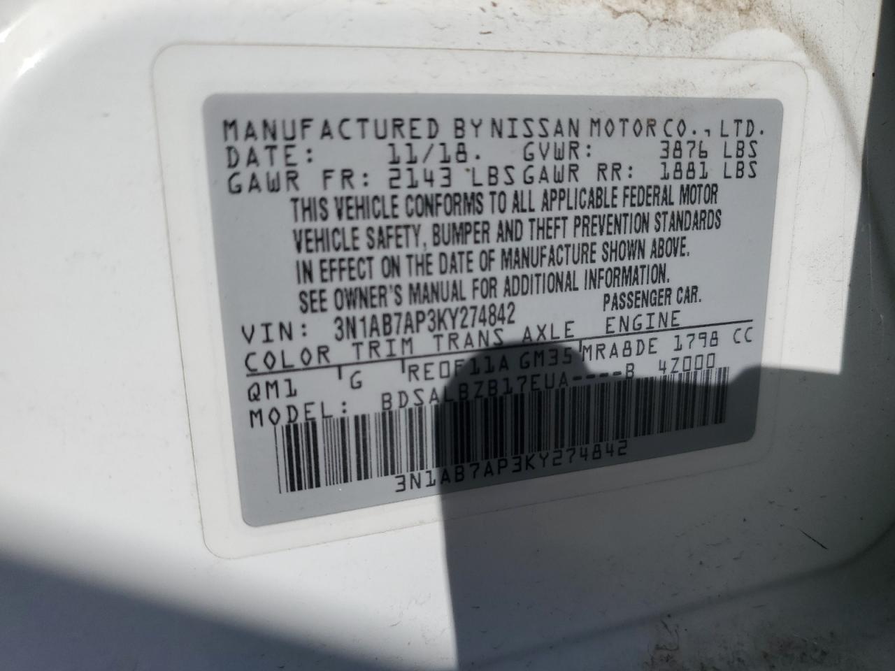 2019 Nissan Sentra S VIN: 3N1AB7AP3KY274842 Lot: 82312225