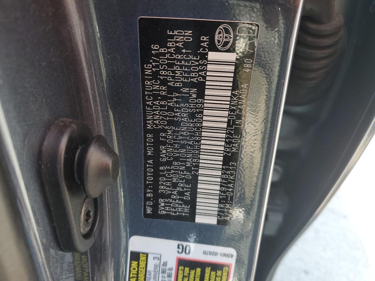 2017 Toyota Corolla L VIN: 2T1BURHE8HC806199 Lot: 84937375