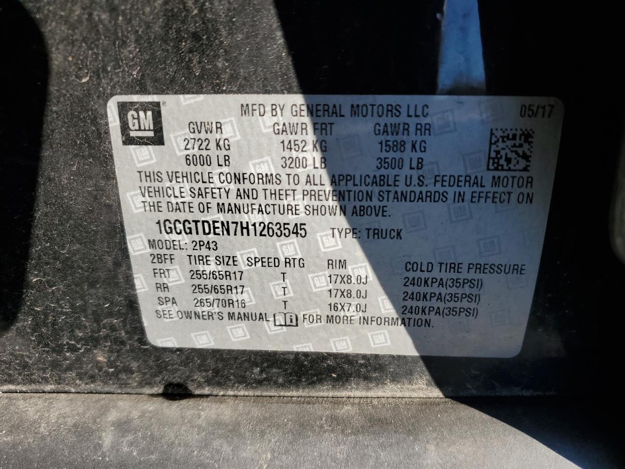 2017 Chevrolet Colorado Z71 VIN: 1GCGTDEN7H1263545 Lot: 85790415