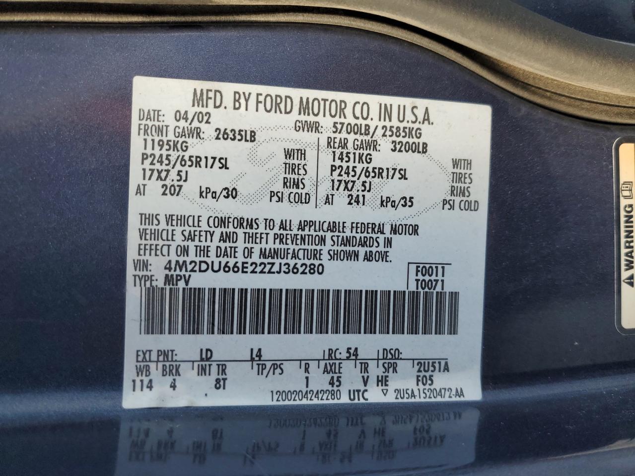 2002 Mercury Mountaineer VIN: 4M2DU66E22ZJ36280 Lot: 82740925