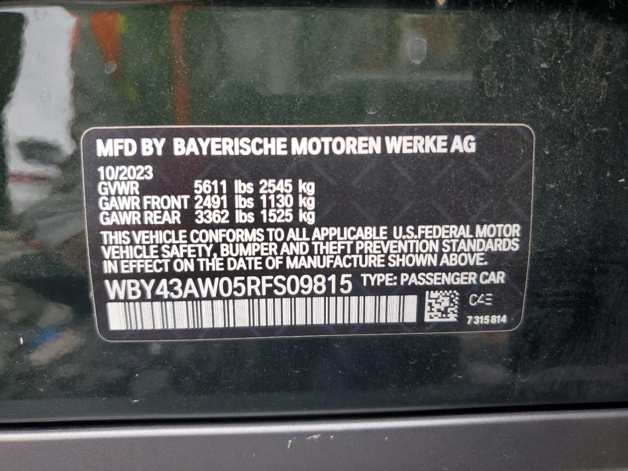 2024 BMW I4 Edrive 35 VIN: WBY43AW05RFS09815 Lot: 84474995