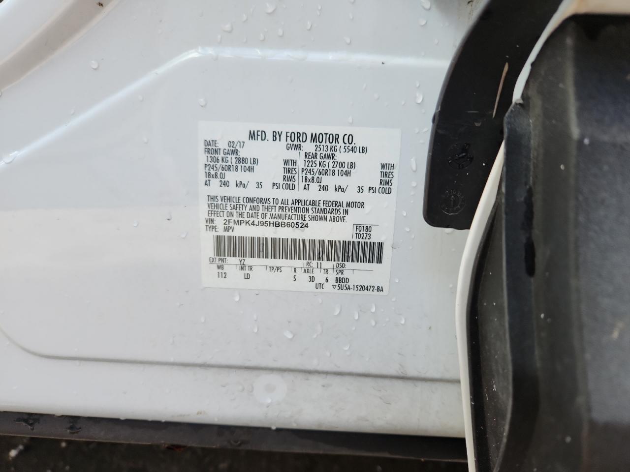 2017 Ford Edge Sel VIN: 2FMPK4J95HBB60524 Lot: 89807625