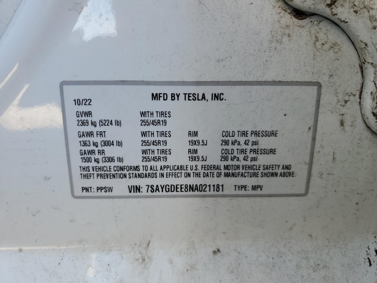 2022 Tesla Model Y VIN: 7SAYGDEE8NA021181 Lot: 84993315