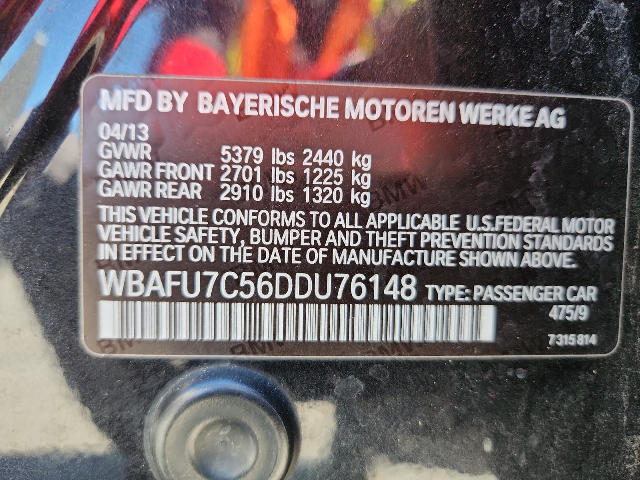 2013 BMW 535 Xi VIN: WBAFU7C56DDU76148 Lot: 84925495