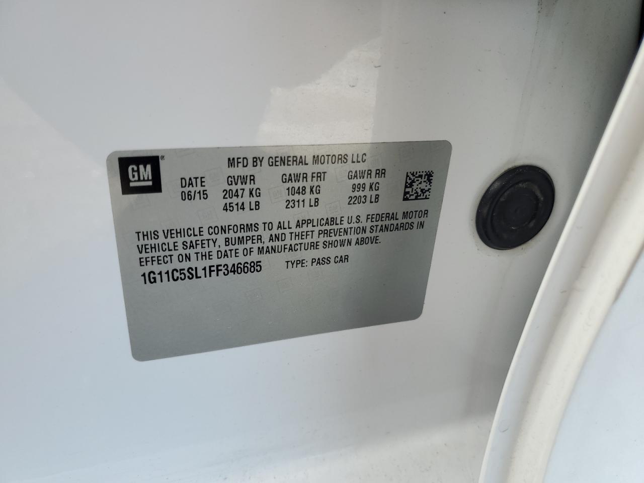 2015 Chevrolet Malibu 1Lt VIN: 1G11C5SL1FF346685 Lot: 85746835