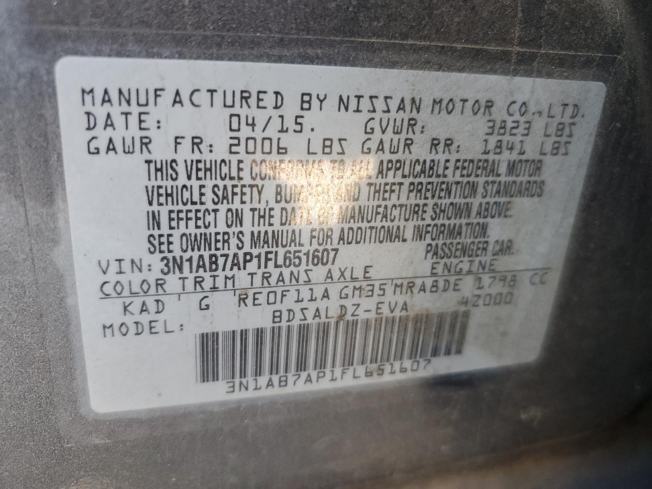 2015 Nissan Sentra S VIN: 3N1AB7AP1FL651607 Lot: 85005595