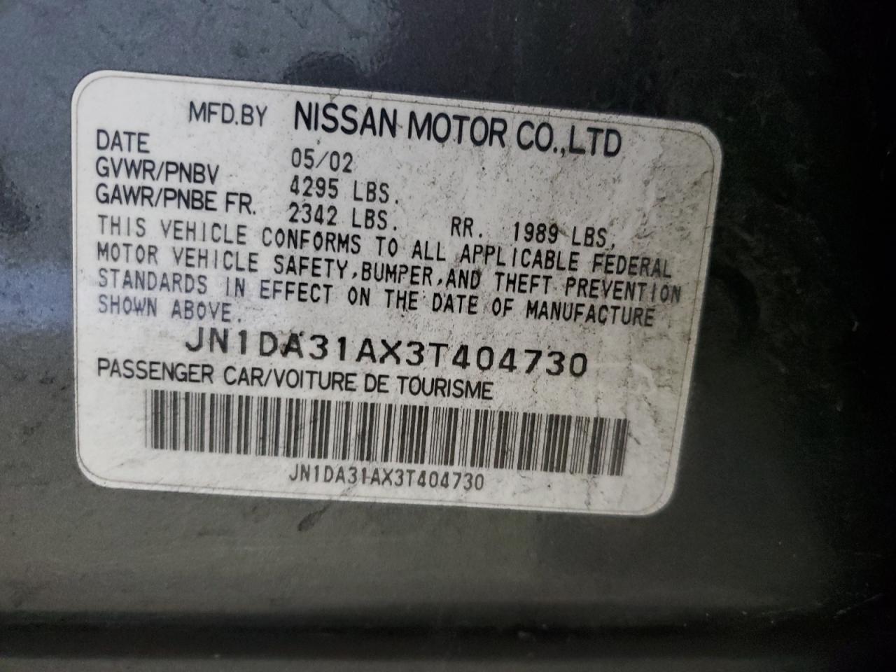 2003 Nissan Maxima Gle VIN: JN1DA31AX3T404730 Lot: 82770465