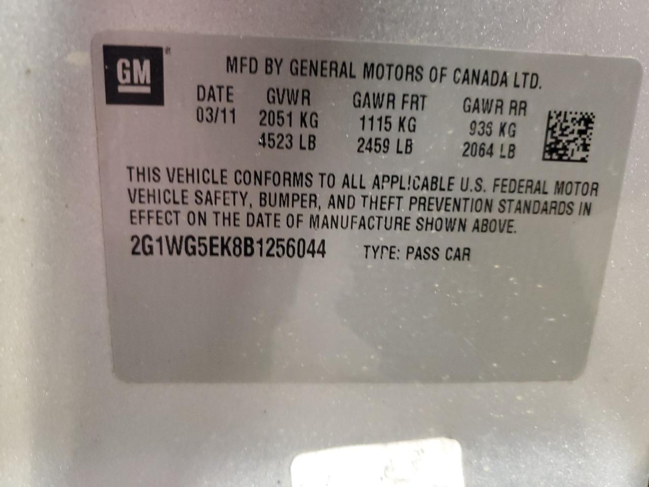 2011 Chevrolet Impala Lt VIN: 2G1WG5EK8B1256044 Lot: 85872185