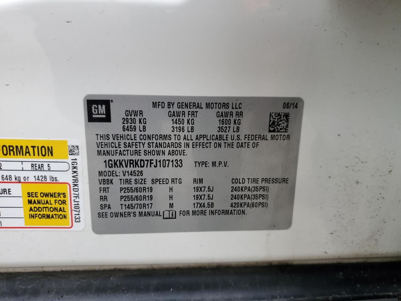 2015 GMC Acadia Slt-1 VIN: 1GKKVRKD7FJ107133 Lot: 89874485