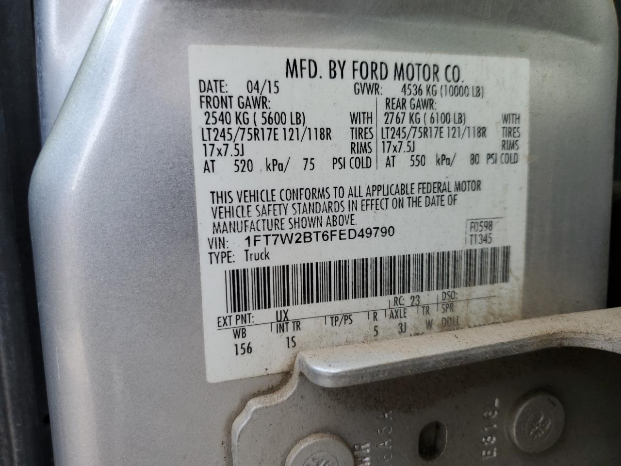 2015 Ford F250 Super Duty VIN: 1FT7W2BT6FED49790 Lot: 85142665