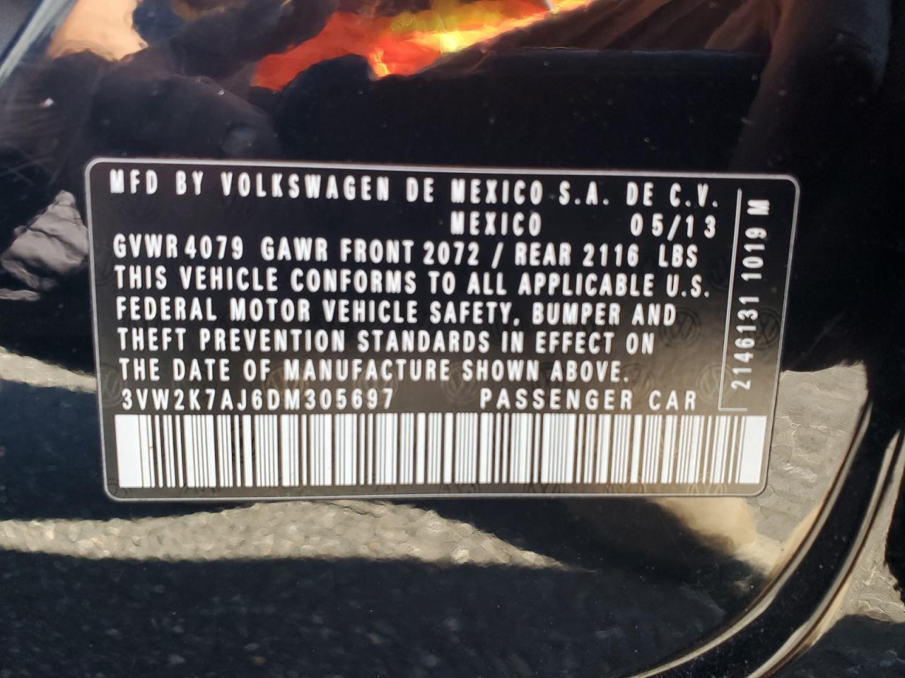 2013 Volkswagen Jetta Base VIN: 3VW2K7AJ6DM305697 Lot: 84880525