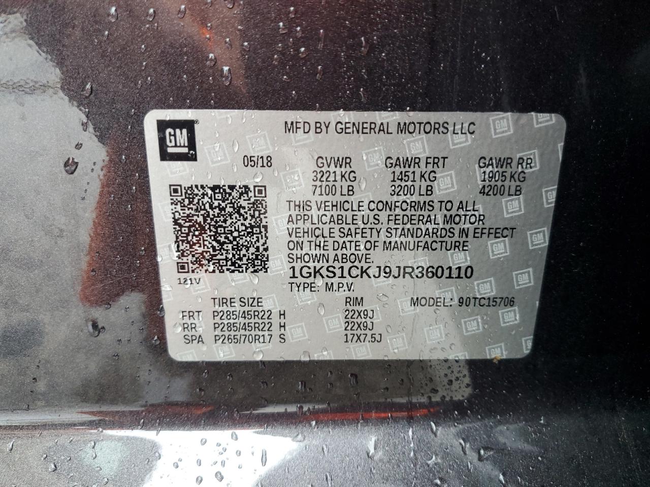 2018 GMC Yukon Denali VIN: 1GKS1CKJ9JR360110 Lot: 85764905