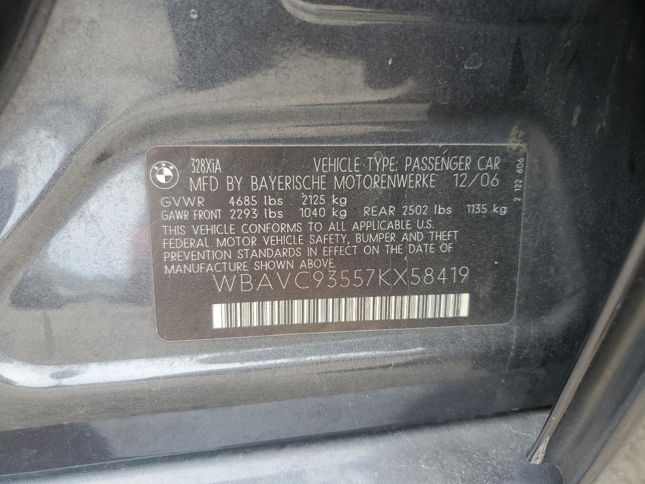 2007 BMW 328 Xi VIN: WBAVC93557KX58419 Lot: 85285375