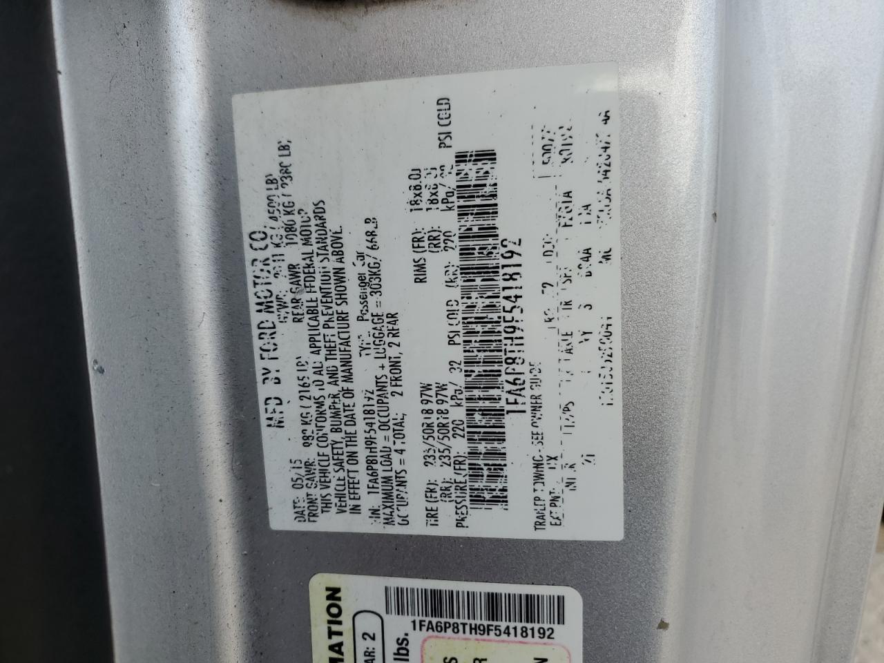 2015 Ford Mustang VIN: 1FA6P8TH9F5418192 Lot: 89548825