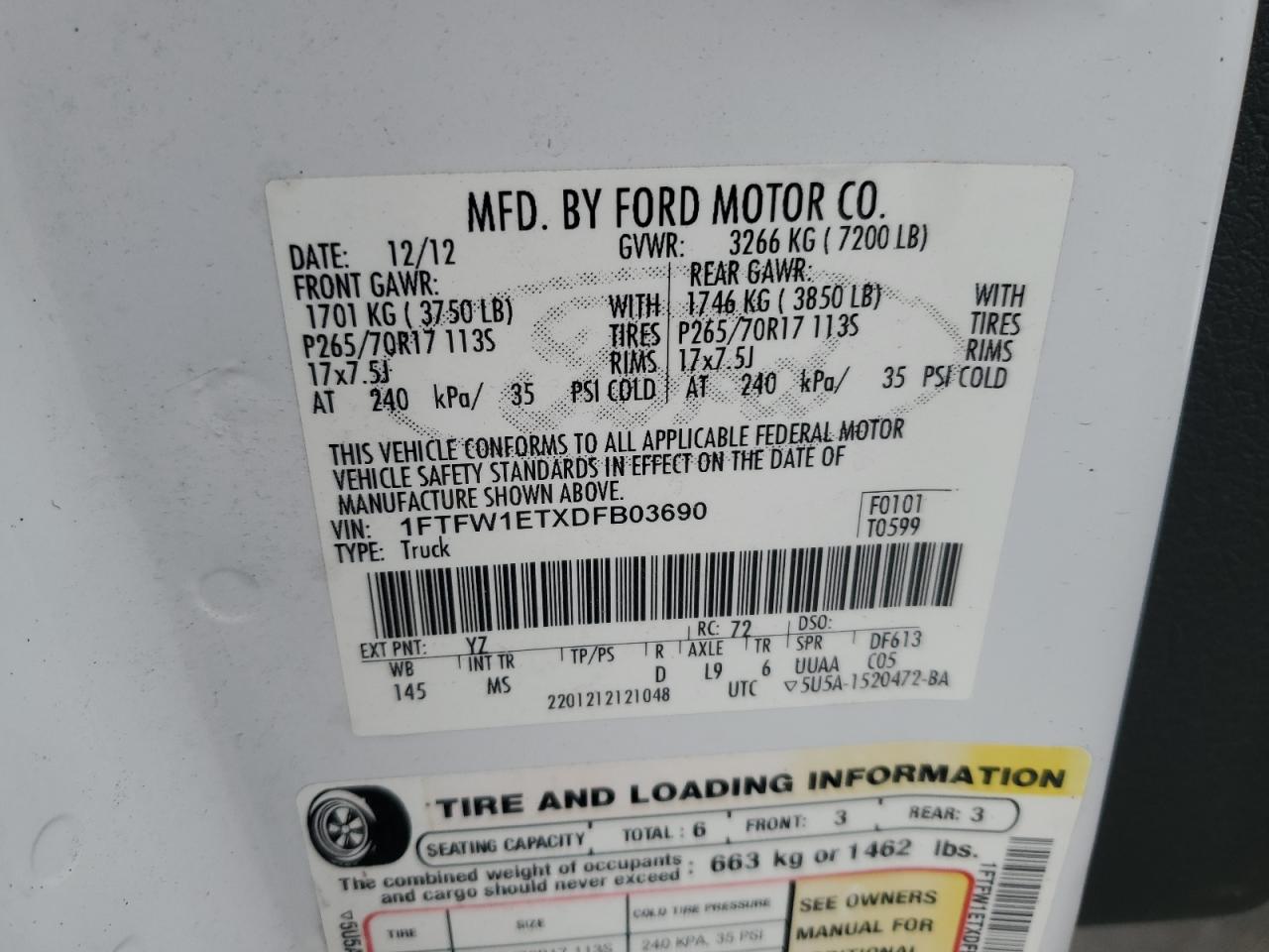 2013 Ford F150 Supercrew VIN: 1FTFW1ETXDFB03690 Lot: 82237035