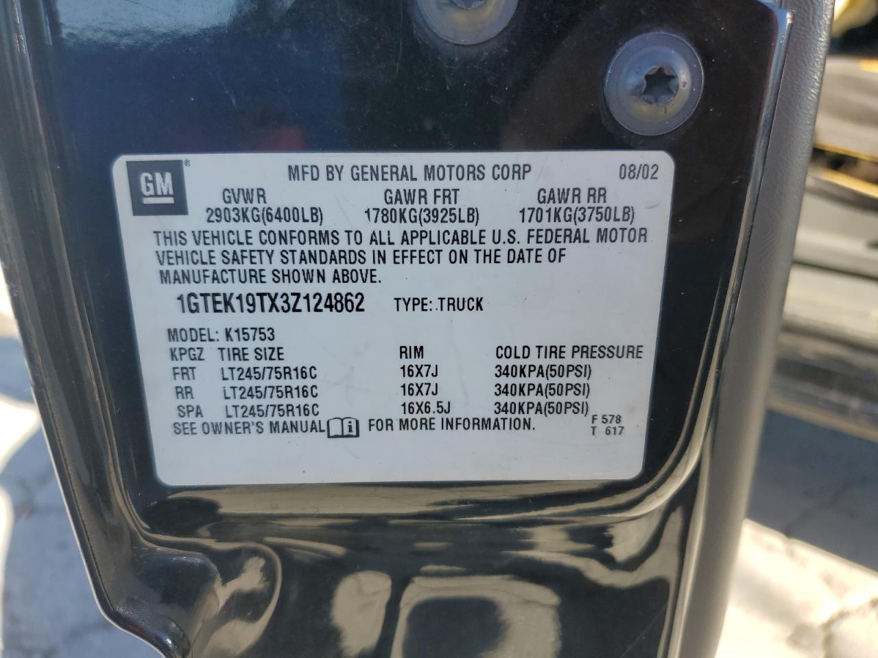 2003 GMC New Sierra K1500 VIN: 1GTEK19TX3Z124862 Lot: 86621175