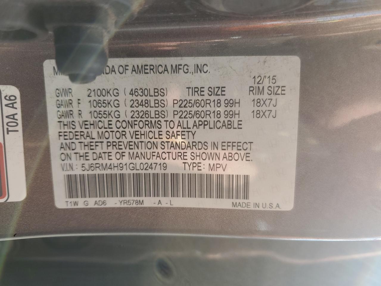 2016 Honda Cr-V Touring VIN: 5J6RM4H91GL024719 Lot: 85144615