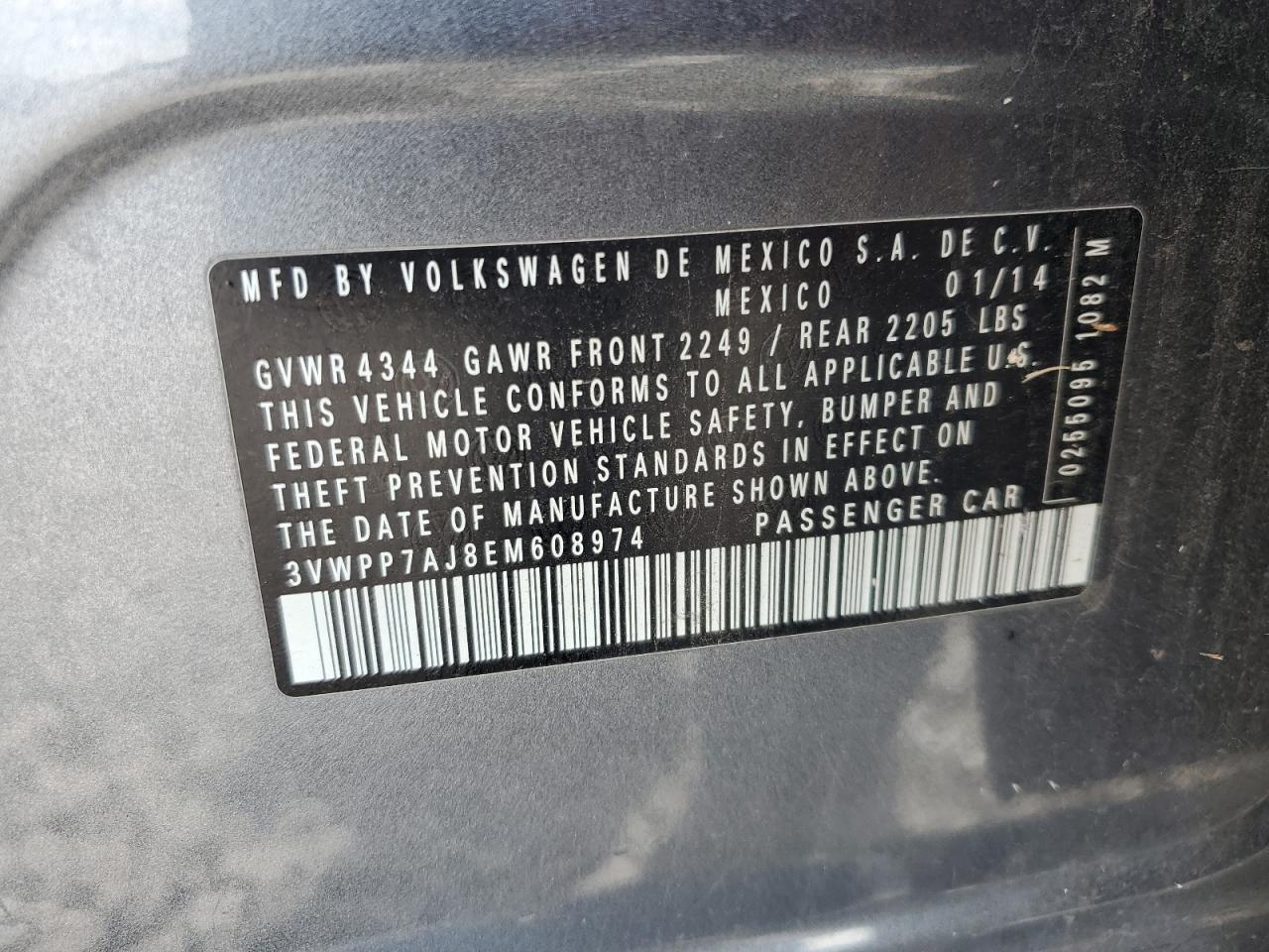 2014 Volkswagen Jetta S VIN: 3VWPP7AJ8EM608974 Lot: 86207825