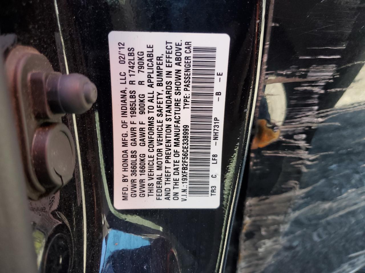 2012 Honda Civic Lx VIN: 19XFB2F56CE338999 Lot: 86056485