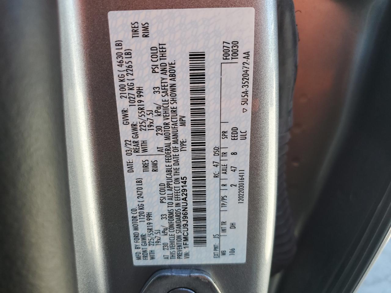 2022 Ford Escape Titanium VIN: 1FMCU9J96NUA29145 Lot: 84993915