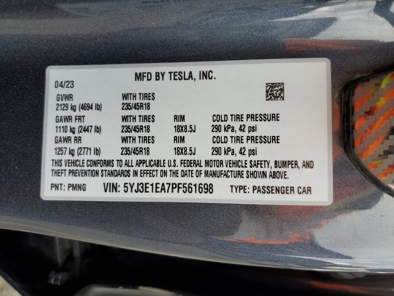 2023 Tesla Model 3 VIN: 5YJ3E1EA7PF561698 Lot: 86475405