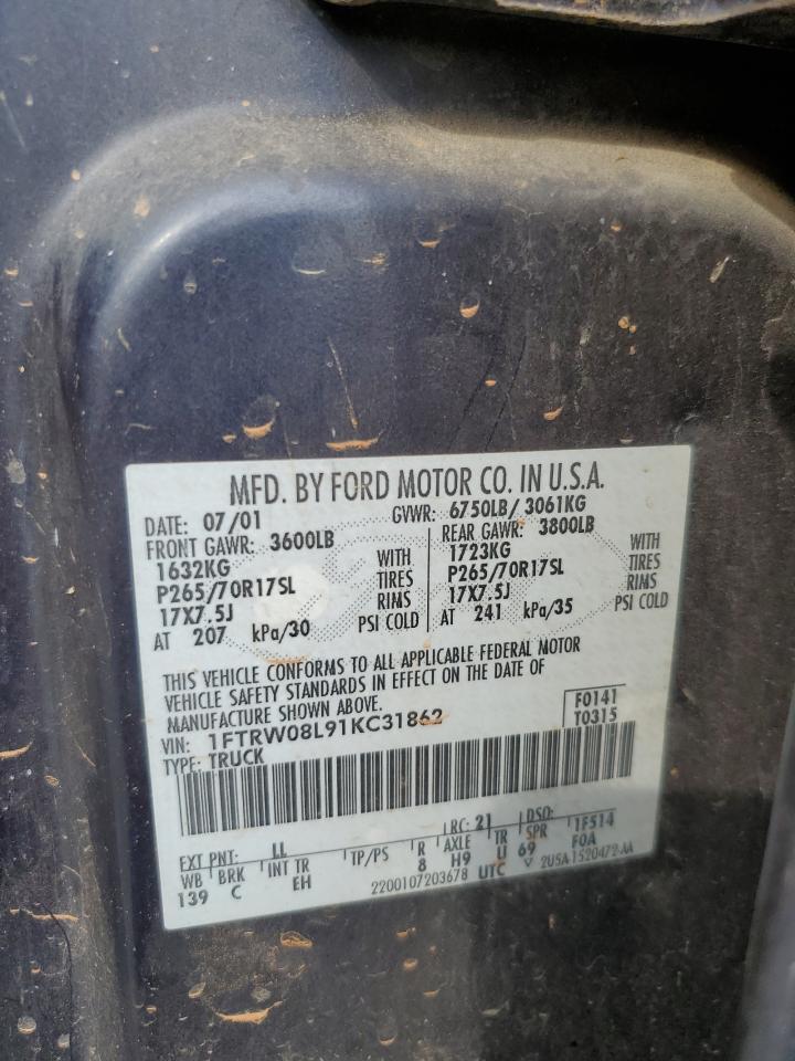 2001 Ford F150 Supercrew VIN: 1FTRW08L91KC31862 Lot: 81858805