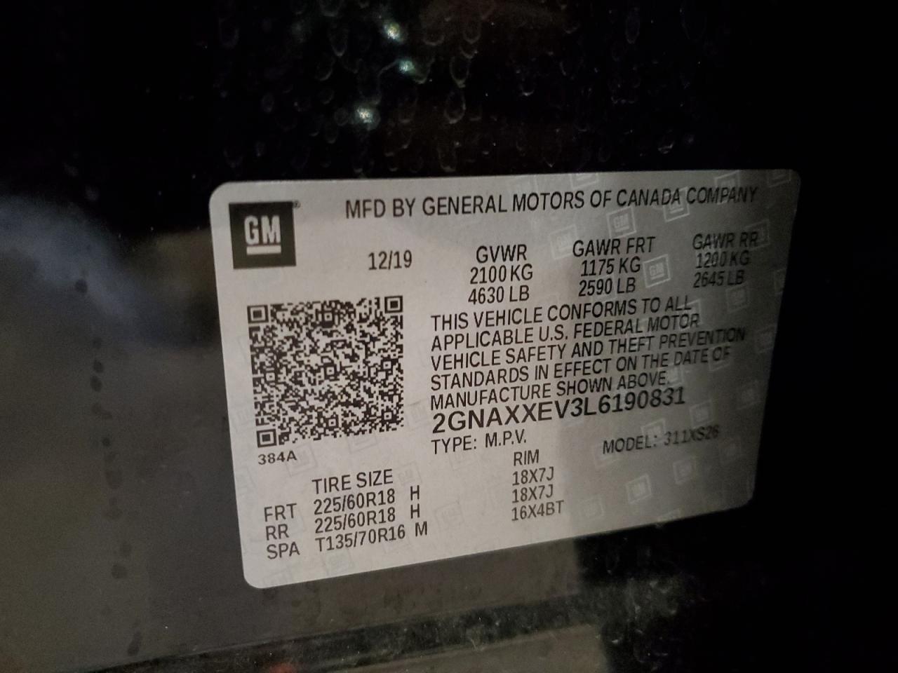 2020 Chevrolet Equinox Premier VIN: 2GNAXXEV3L6190831 Lot: 82001795