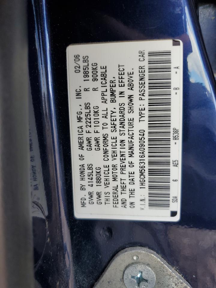 2006 Honda Accord Se VIN: 1HGCM56316A090540 Lot: 85486325