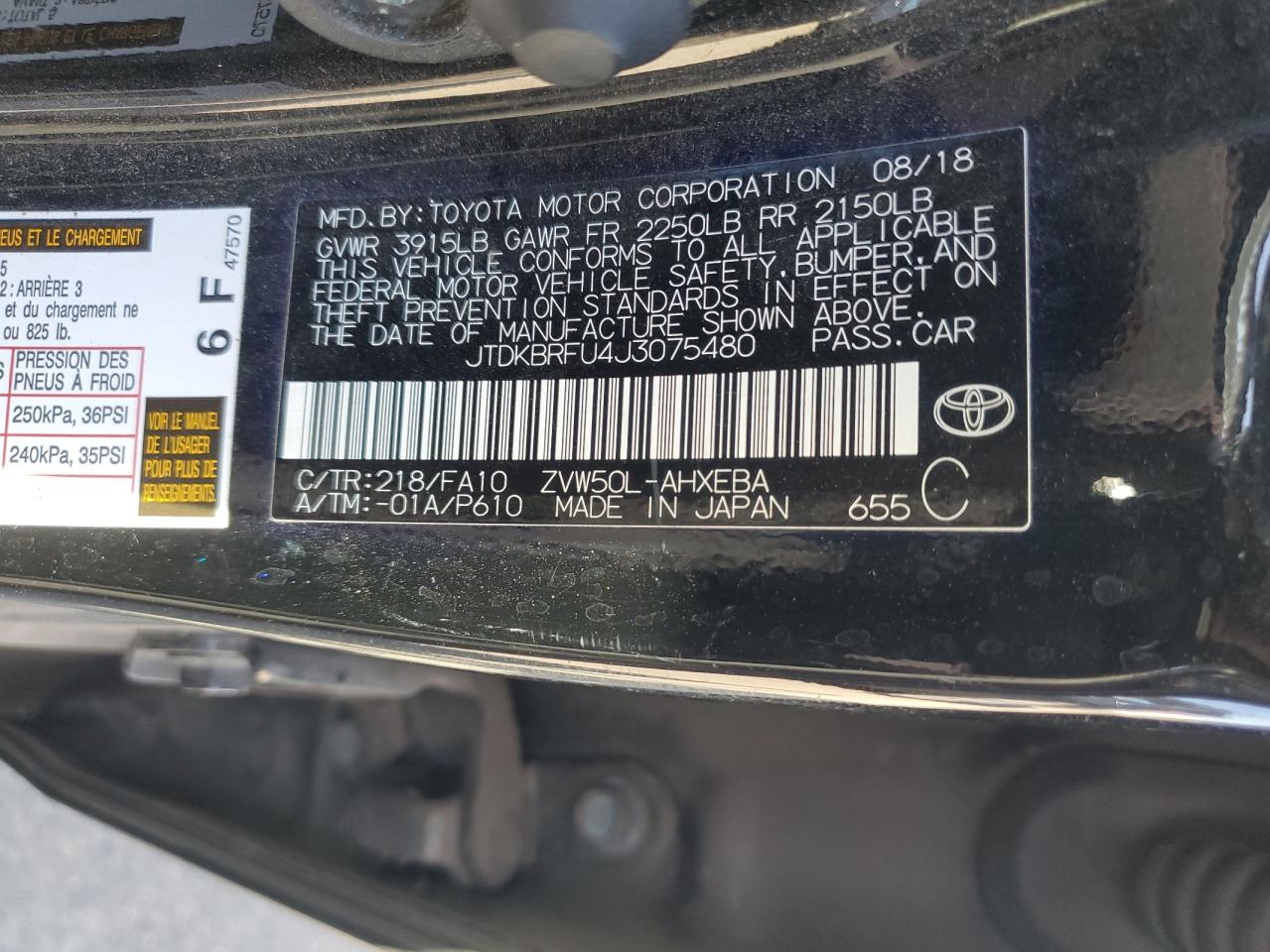 2018 Toyota Prius VIN: JTDKBRFU4J3075480 Lot: 86158335